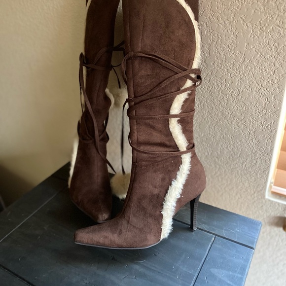 **SOLD** Brown Suede & Fur Stiletto Boot - Picture 3 of 5